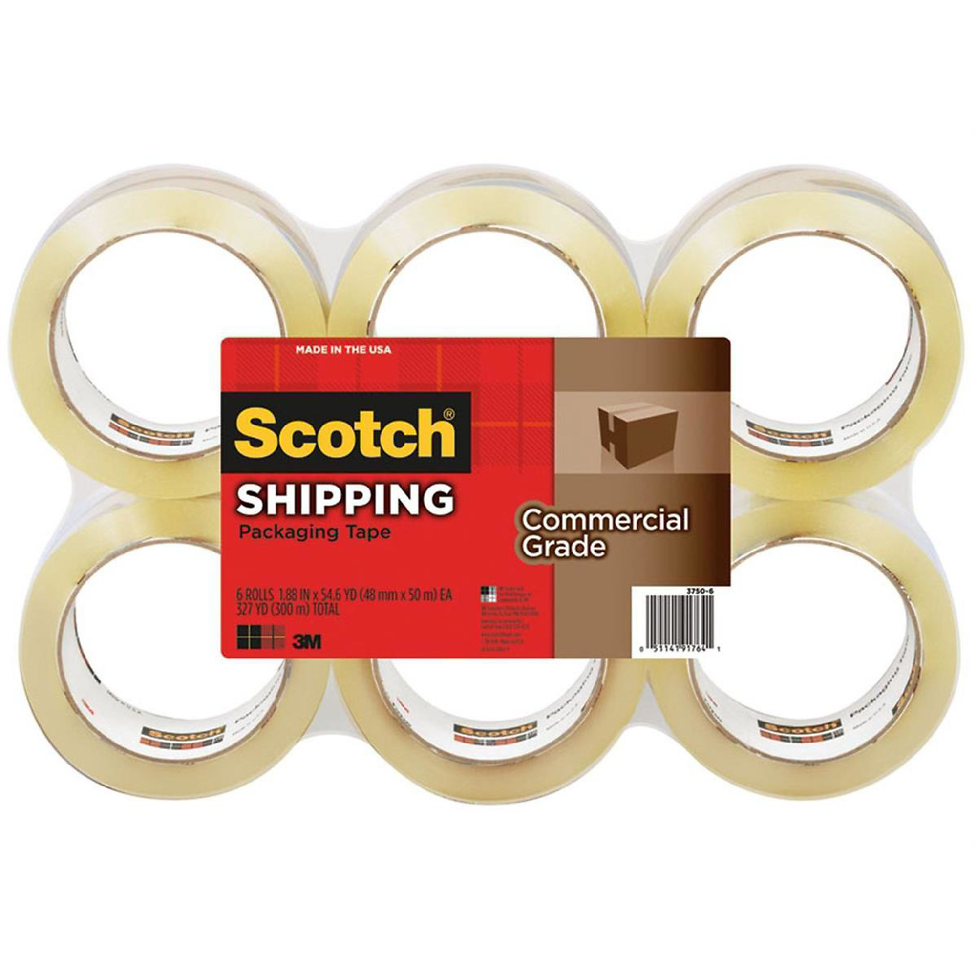 3M Scotch Commercial Grade Shipping Packaging Tape — 1.88in. x 54.6yd., 6 Pk, Model# MMM91764